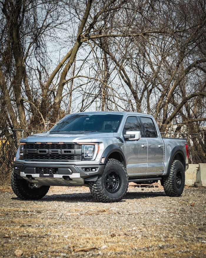 brand-03 Silver truck with black rims and off-road tires parked outdoors in a natural setting, ready for adventure.